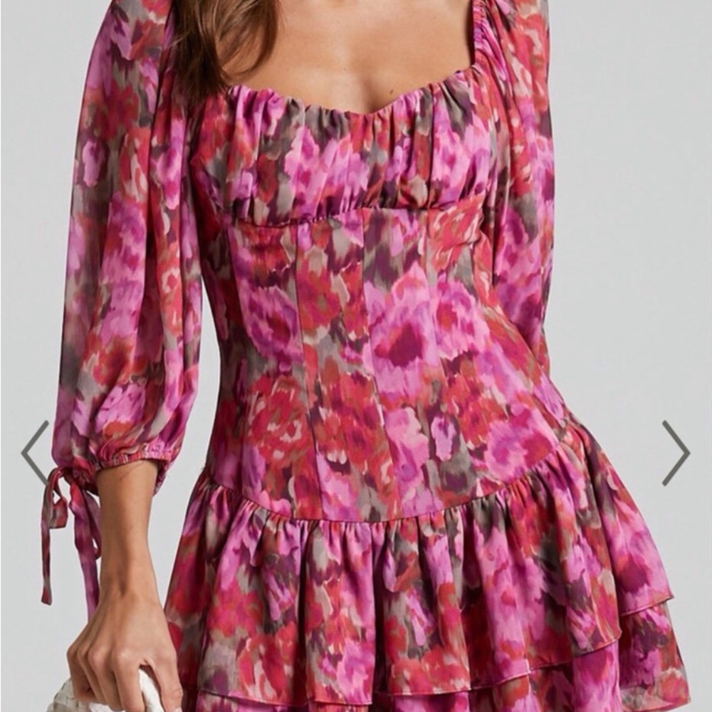 Showpo. Clabelle Vibrant Mini Dress Floral Pink/Purple Sheer Flowy Size-14 NWT - Picture 3 of 8